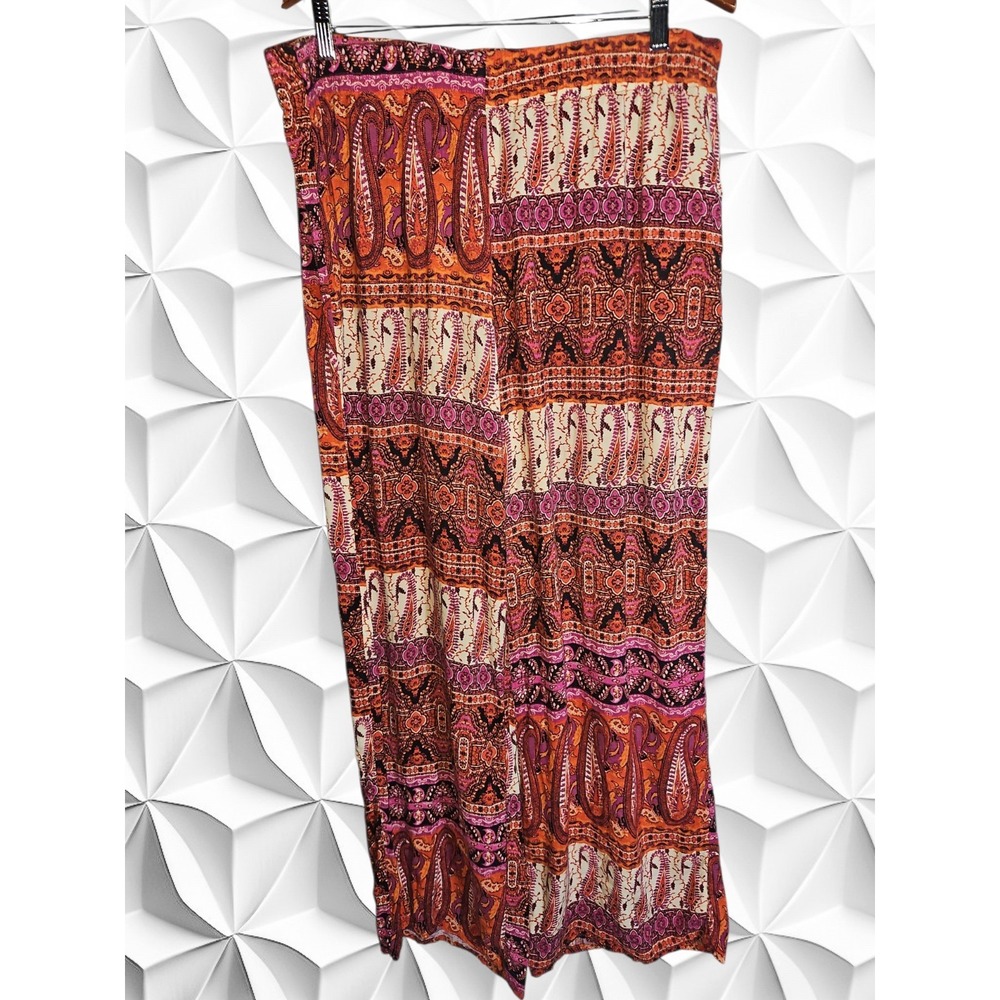 Ambiance Apparel Womens 1X Paisley Print Wide Leg Palazzo Pants Orange Magenta